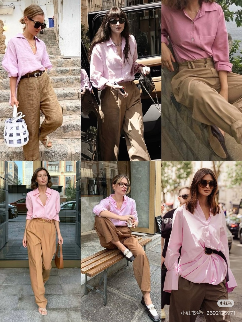 Khaki wide leg pants and pink linen shirt